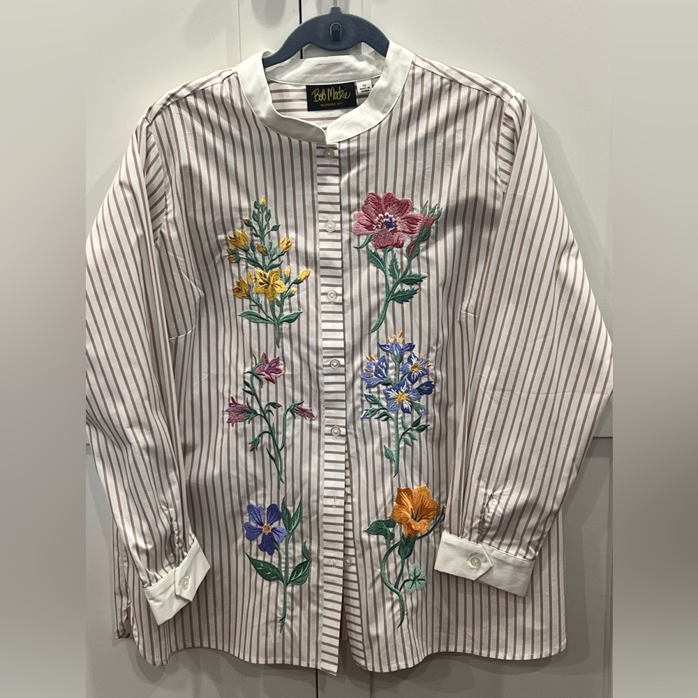 Bob Mackie Wearable Art Striped Embroidered Button Down Shirt